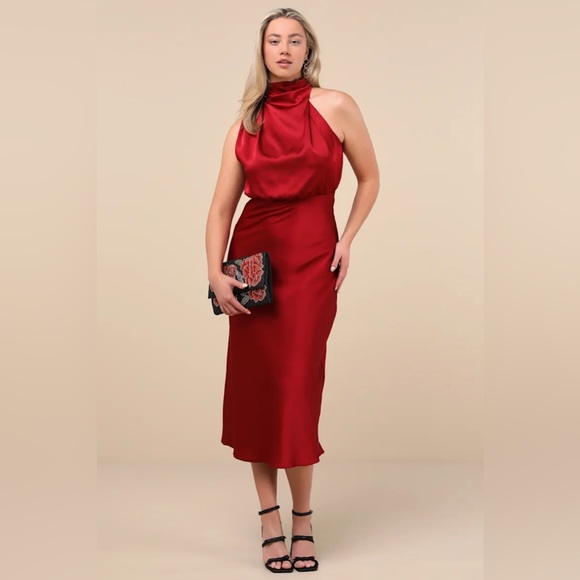 Lulus Distinctive Charm Burgundy Satin Asymmetrical Midi Dress - Picture 2 of 4